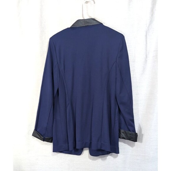 Susan Graver Size 12 Ponte Knit Blue Blazer with Black Faux Leather Trim Career - Picture 2 of 16